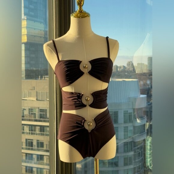 🆕 CHRISTOPHER ESBER 🧿 NWOT Brown Pierced Orbit Cutout 1PC Swimsuit, SZ US 6 - Picture 3 of 15